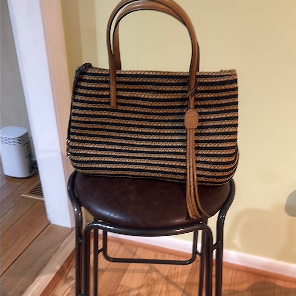 Eric Javits Tan and Black Tote Bag with Leather Accents